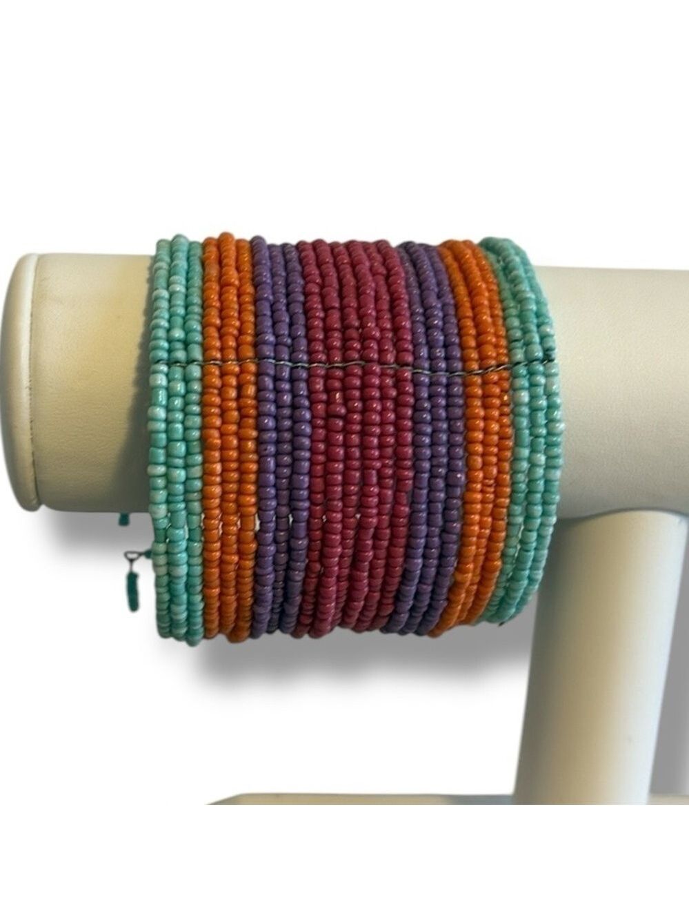 Beaded Cuff Bracelet Memory Wire Multi Strand Multicolored 2.5”W
